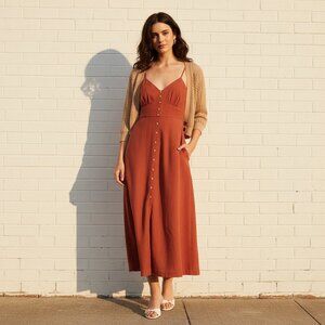 Burnt orange cami dress- Linen blend button front casual sleeveless dress